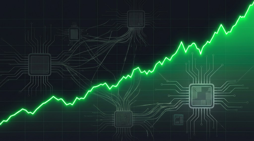 A glowing green line graph rising over stylized CPU chip schematics.