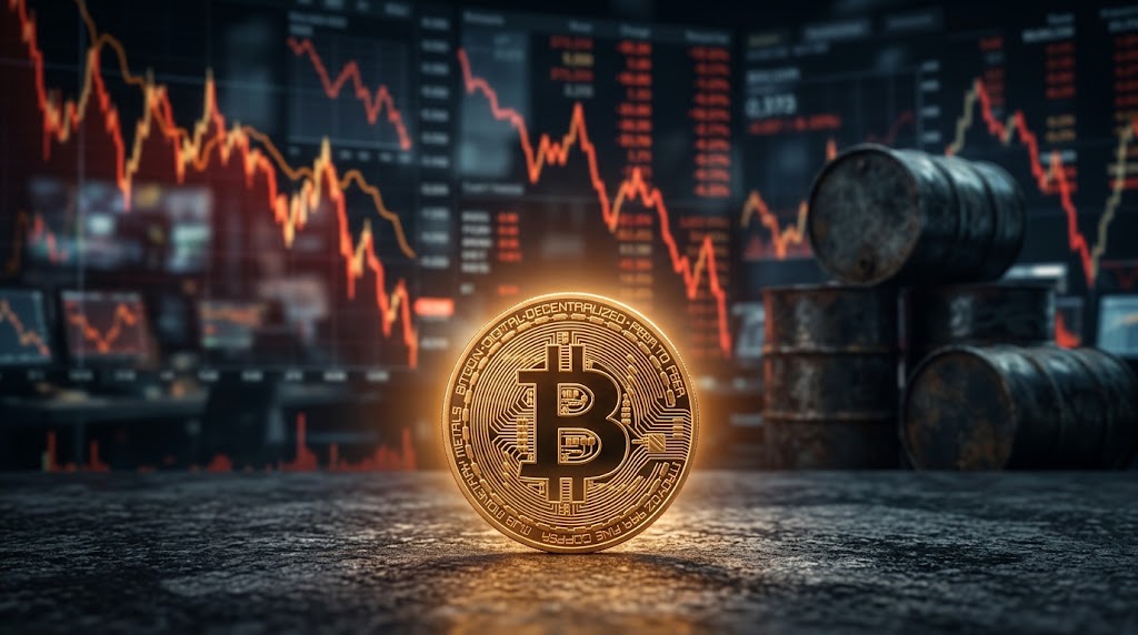 A physical Bitcoin coin glowing in the foreground, set against a background of crashing stock charts and oil barrels.