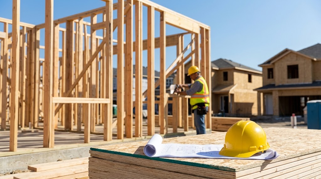 A photorealistic view of a new residential home's wooden framing under construction.