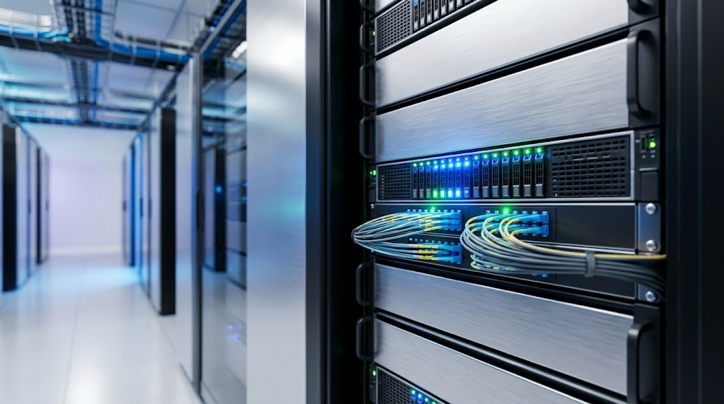 A close-up of a modern server rack with glowing blue lights and neatly organized fiber optic cables in a brightly lit data center.