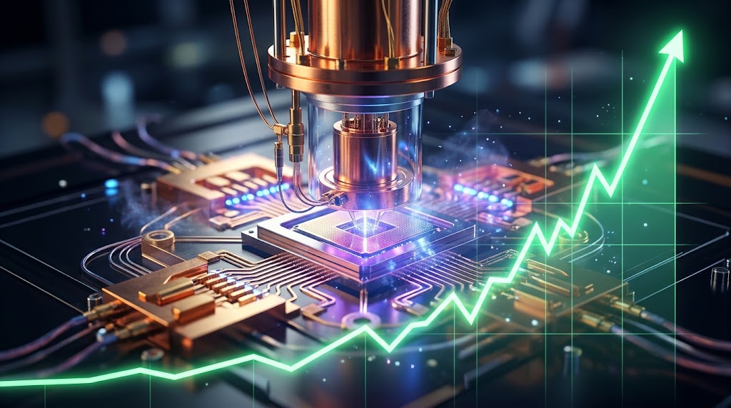 Illustration of a quantum computing processor overlaid with an upward-trending green stock chart.
