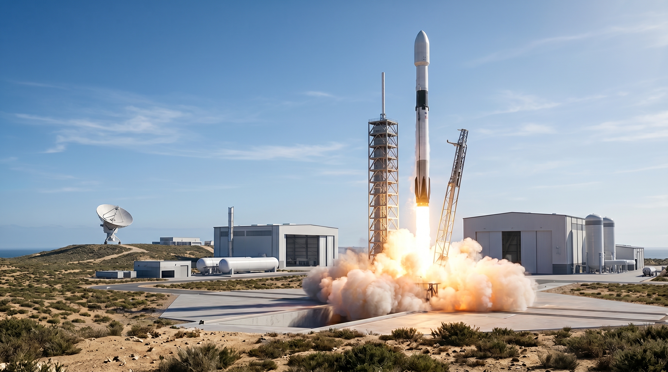 A rocket launches from a coastal launch pad surrounded by ground support facilities and satellite dishes.