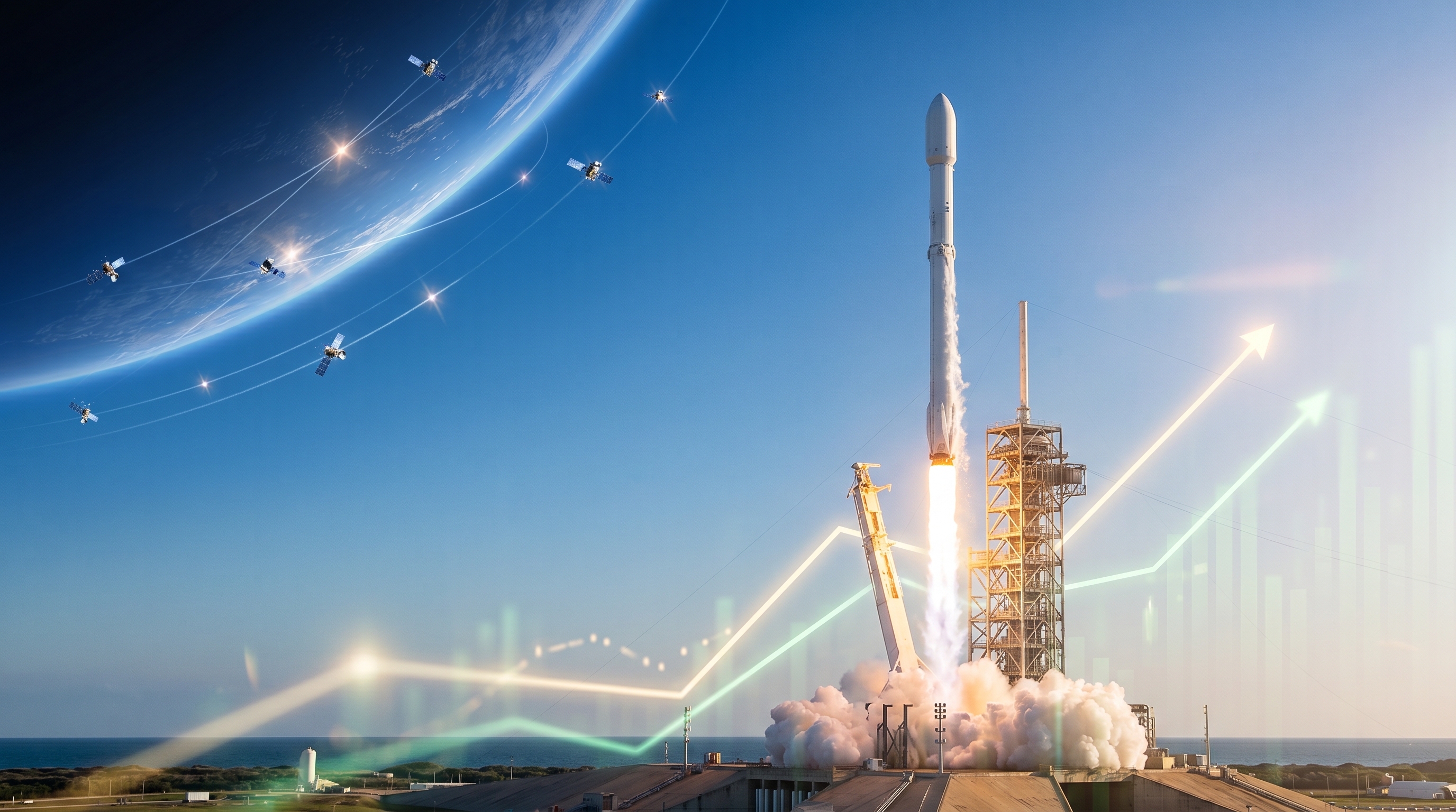 A rocket launches from a coastal pad with satellite imagery and upward-trending stock chart lines overlaid.