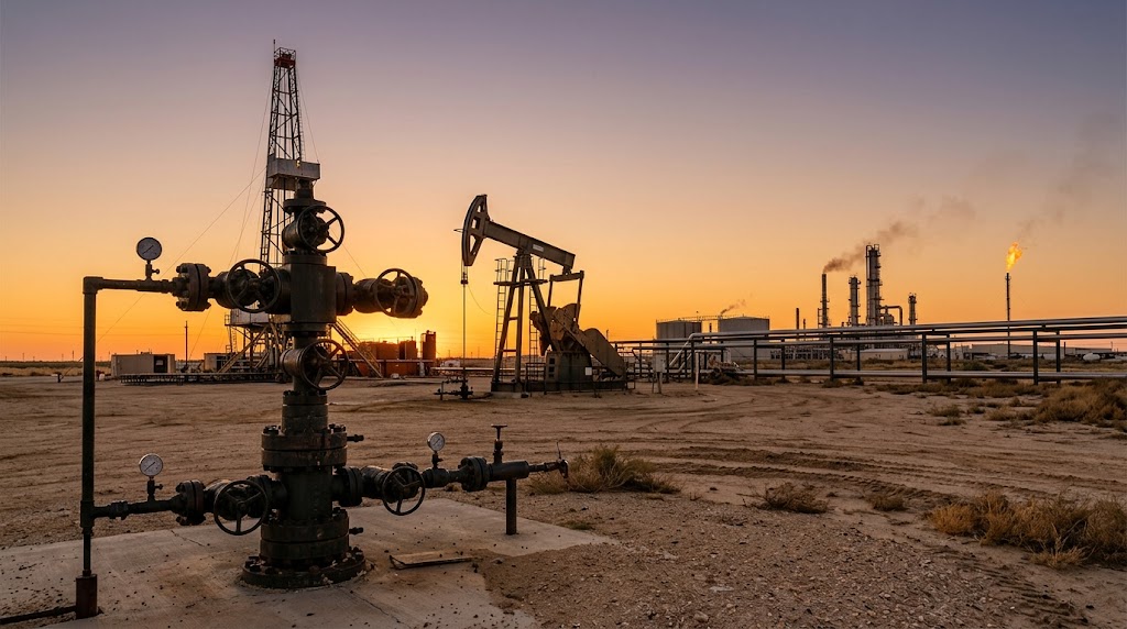 An oil field at sunset featuring a wellhead, pump jack, drilling rig, and refinery with a gas flare.