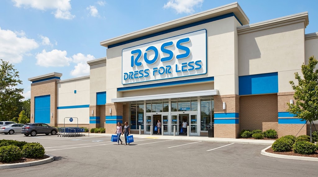 Exterior of a Ross Dress for Less retail store with shoppers walking through the parking lot.