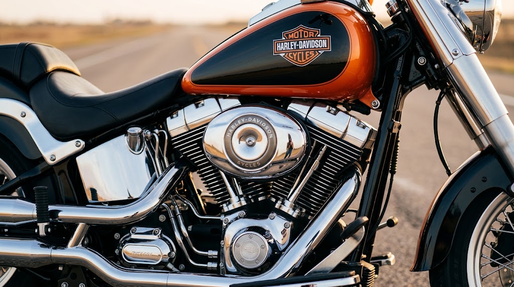 A Harley-Davidson motorcycle showing the branded fuel tank and chrome V-twin engine parked outdoors.