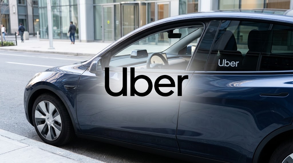 An Uber-branded Tesla SUV parked on a city street with the Uber logo overlaid.