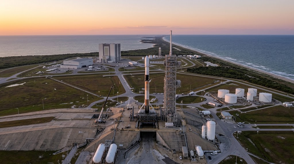 A SpaceX Falcon 9 rocket stands on the launch pad at Kennedy Space Center in Florida.