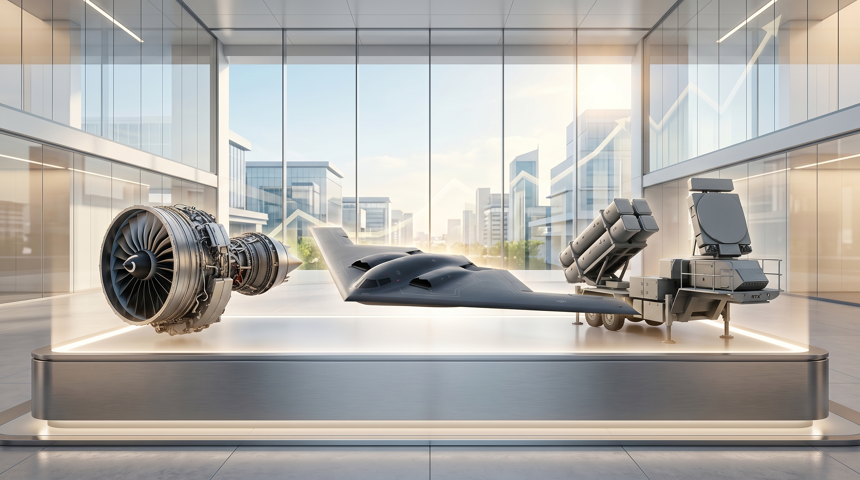 Illustrated defense industry display featuring a jet engine, stealth aircraft model, and missile launcher system.