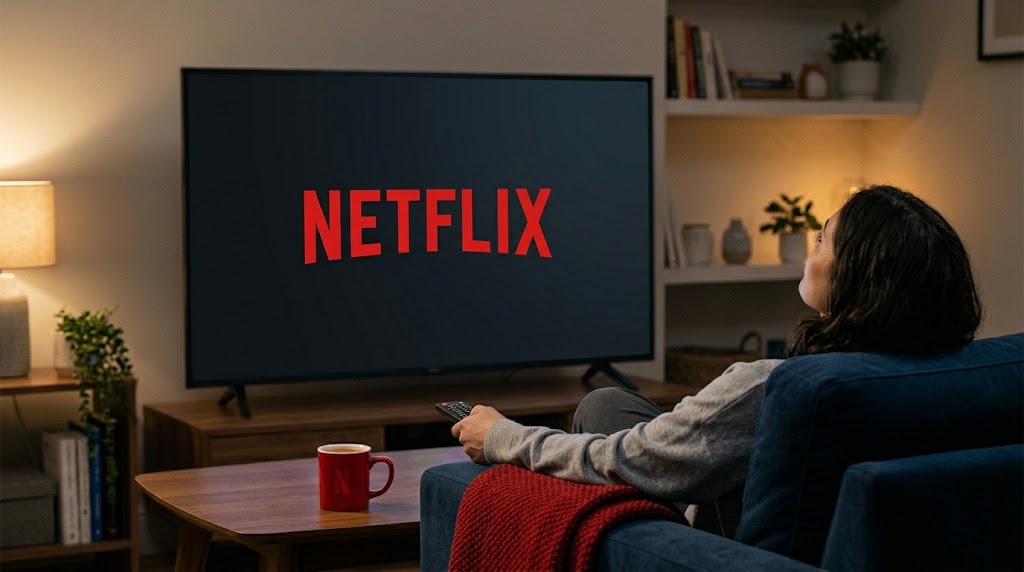 A person sits on a couch holding a remote control while the Netflix logo displays on a television screen.