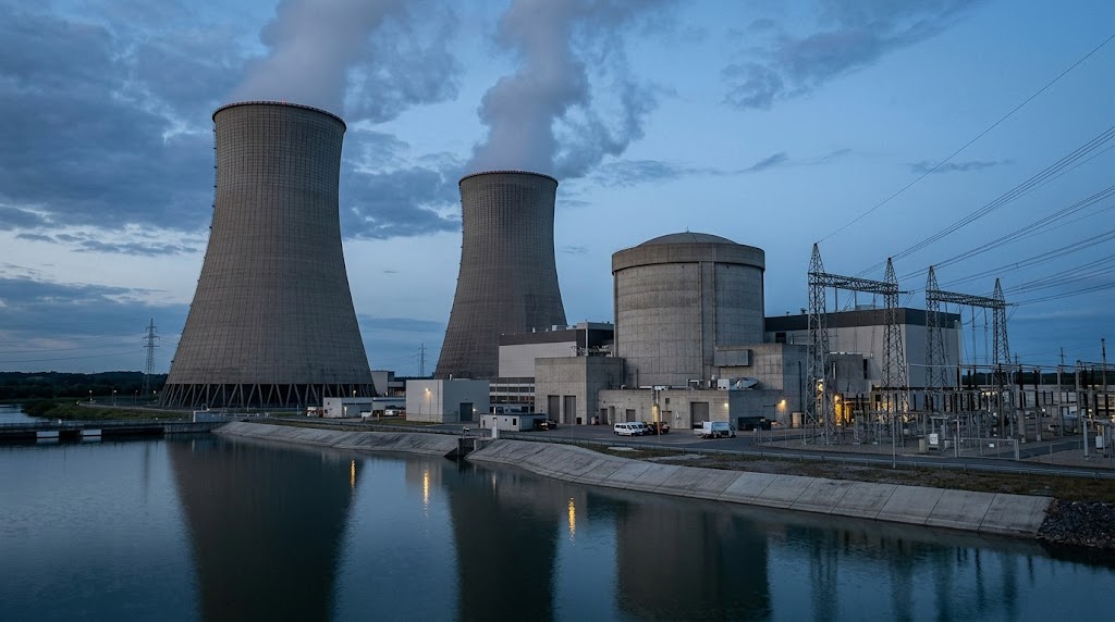 A nuclear power plant with two large cooling towers emitting steam, reactor buildings, and a waterway in the foreground.