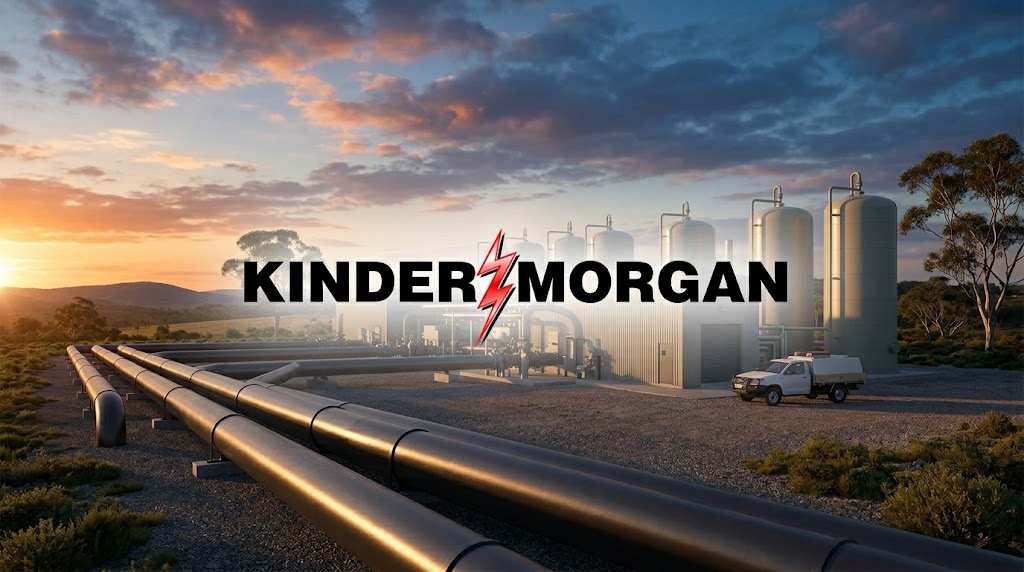 Kinder Morgan logo overlaid on an image of industrial pipelines and storage tanks at sunset.