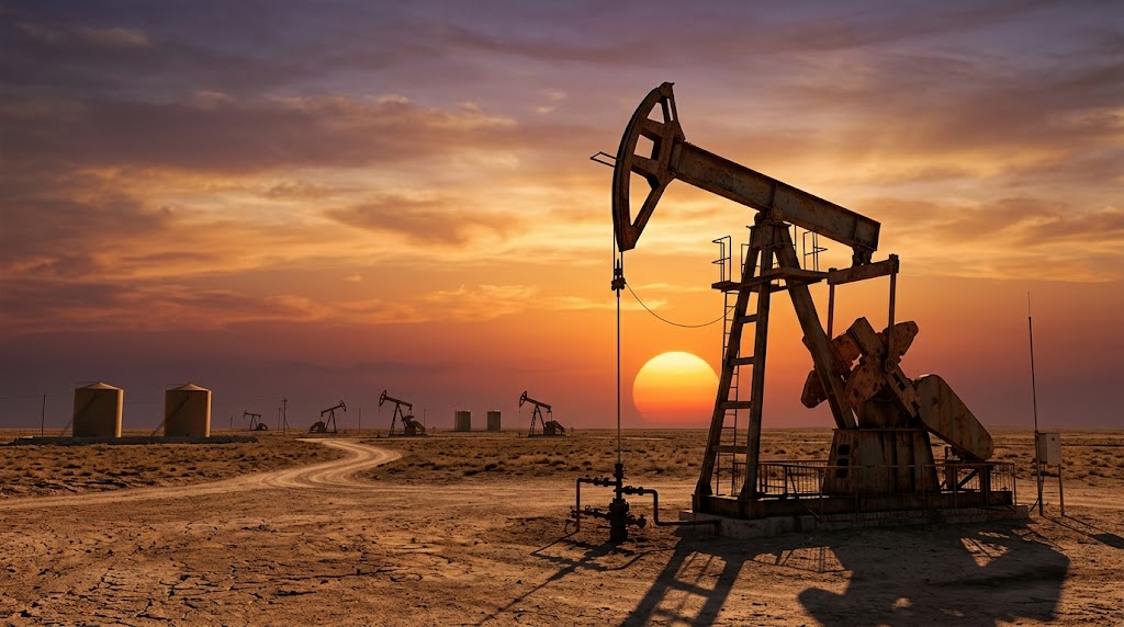An oil pump jack operates in a desert oil field at sunset with additional pumpjacks visible in the background.