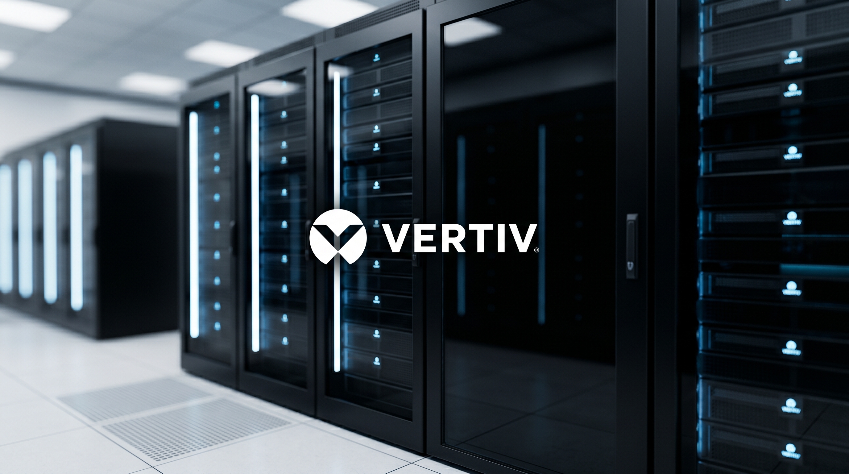 Vertiv logo overlaid on a row of black server racks in a data center.