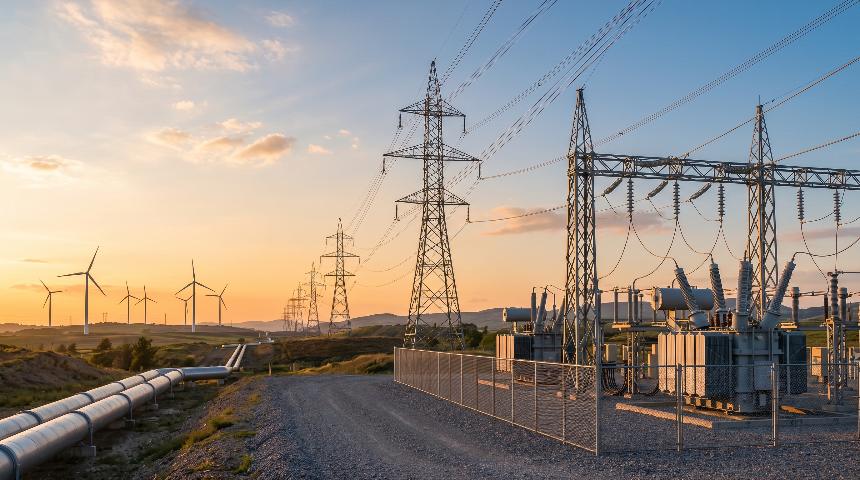 An electrical substation and transmission towers stand near wind turbines at sunset.