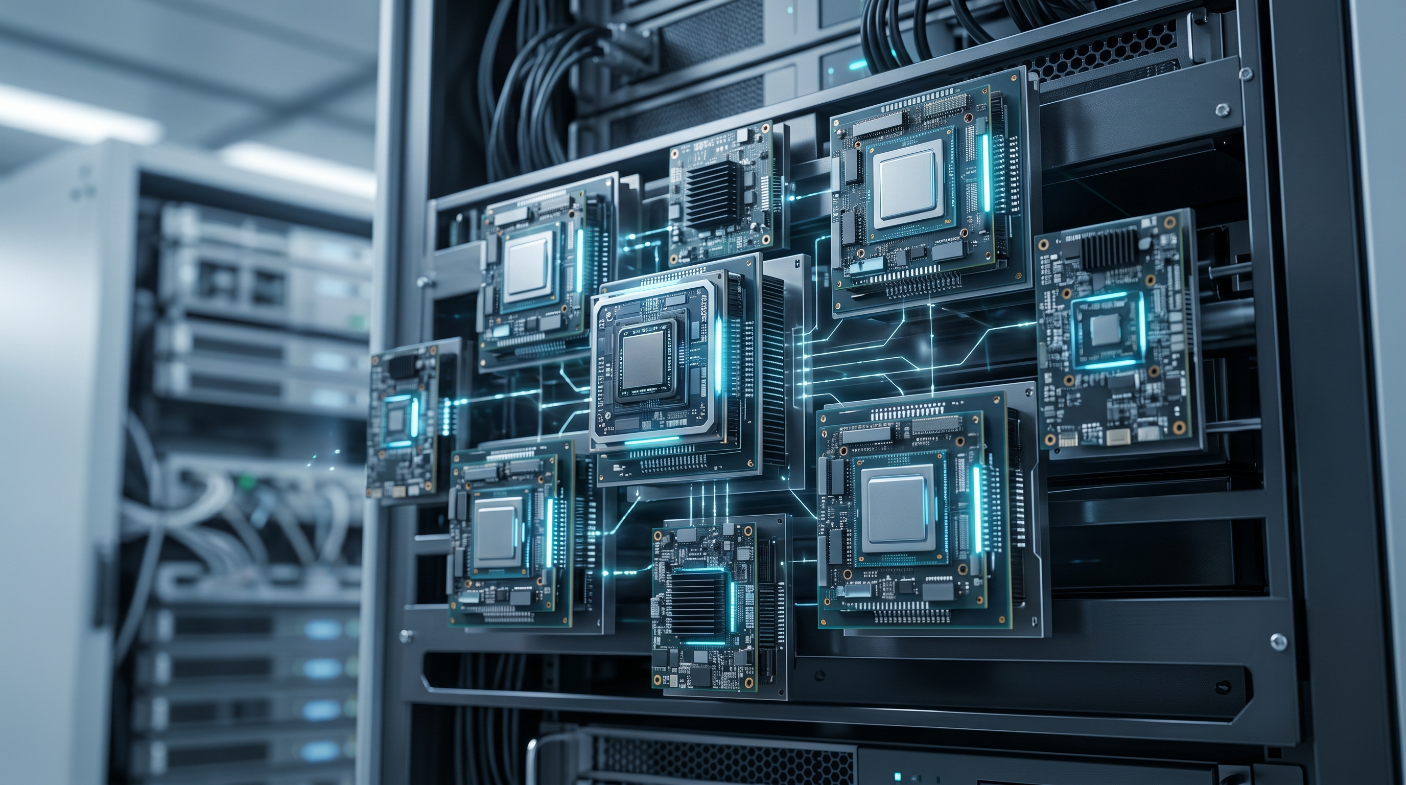 Multiple GPU and CPU circuit boards mounted in a data center server rack with glowing blue interconnects.
