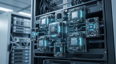 Multiple GPU and CPU circuit boards mounted in a data center server rack with glowing blue interconnects.