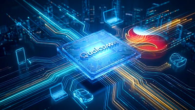 A stylized Qualcomm processor chip connected to icons representing smartphones, laptops, vehicles, and VR headsets.