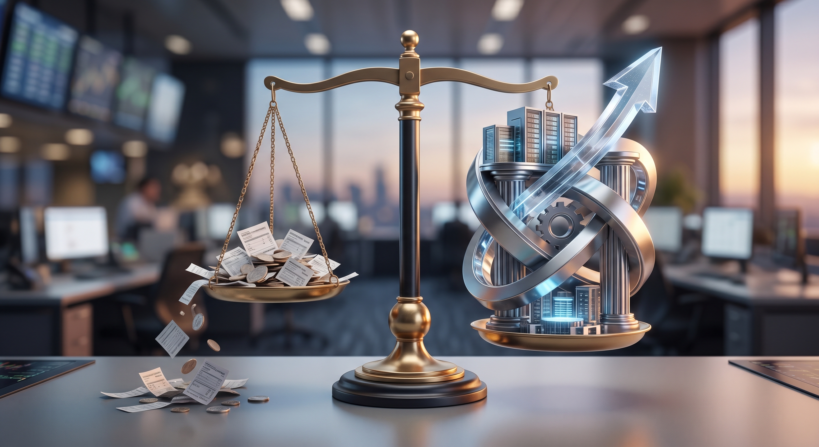 A balance scale weighs coins and documents against a rising arrow and building, set in a trading office.