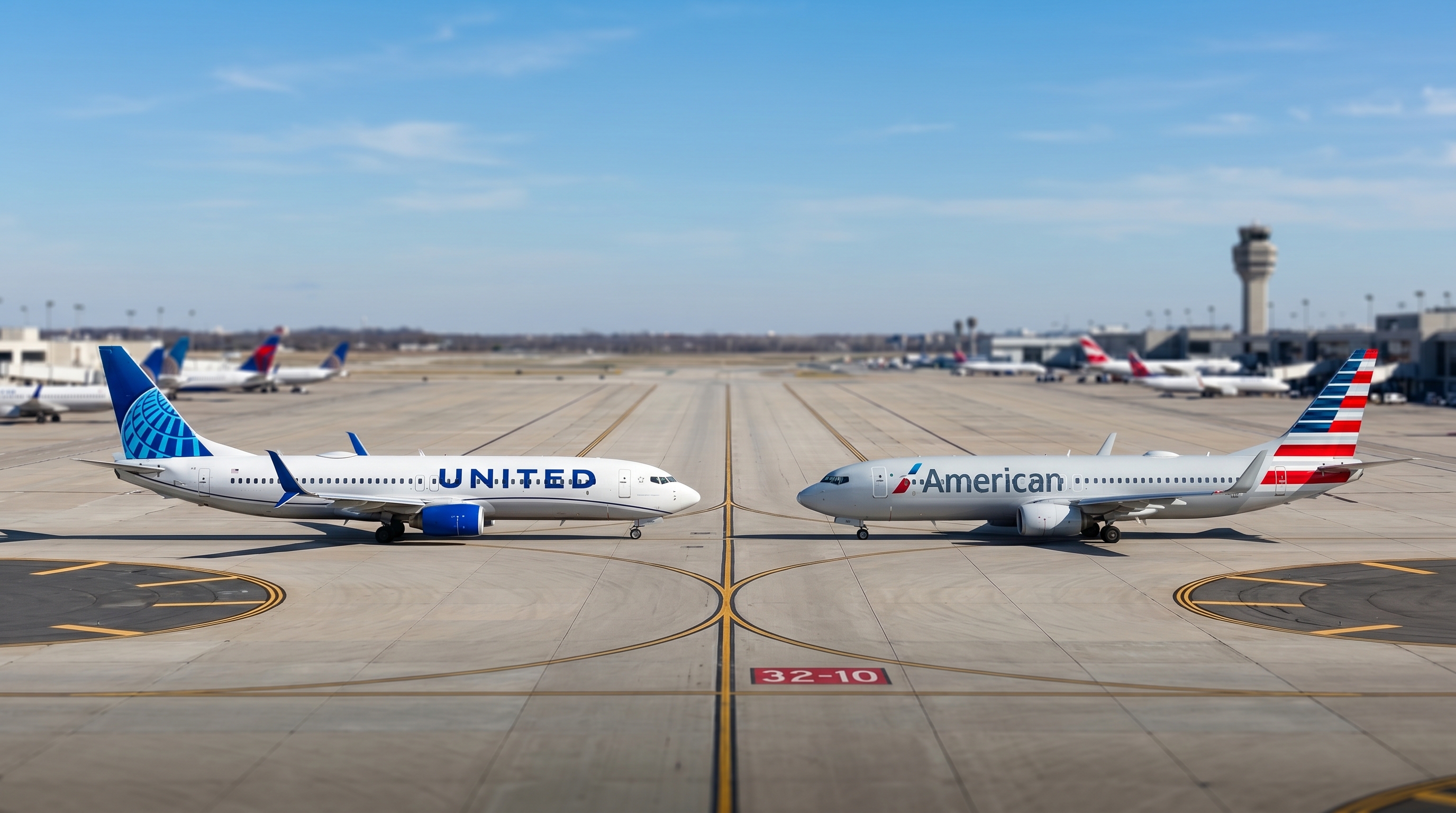 A United Airlines and an American Airlines aircraft face each other on an airport tarmac.