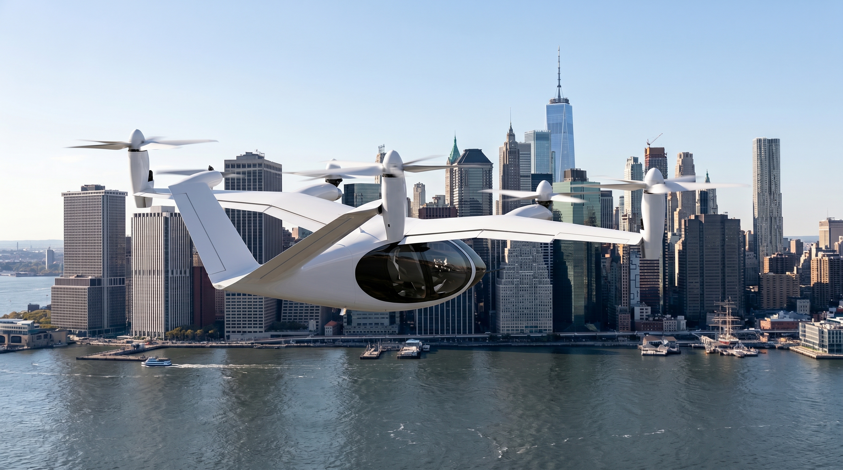 A white electric vertical takeoff and landing aircraft flies over a city skyline and waterway.