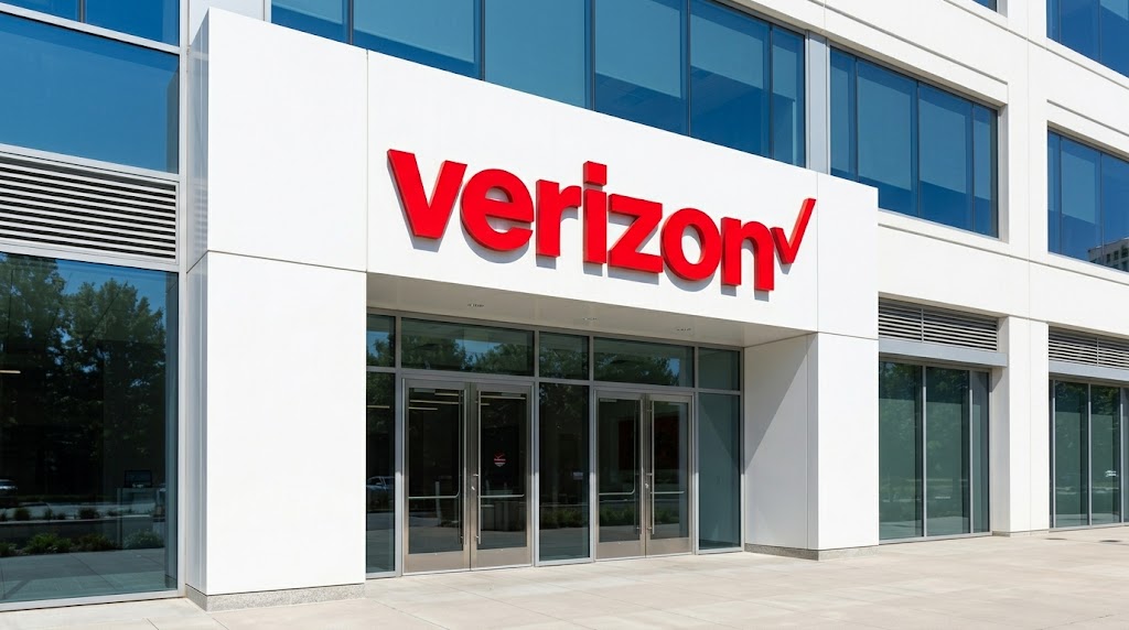 Exterior of a Verizon retail store featuring the company's red logo above glass entrance doors.