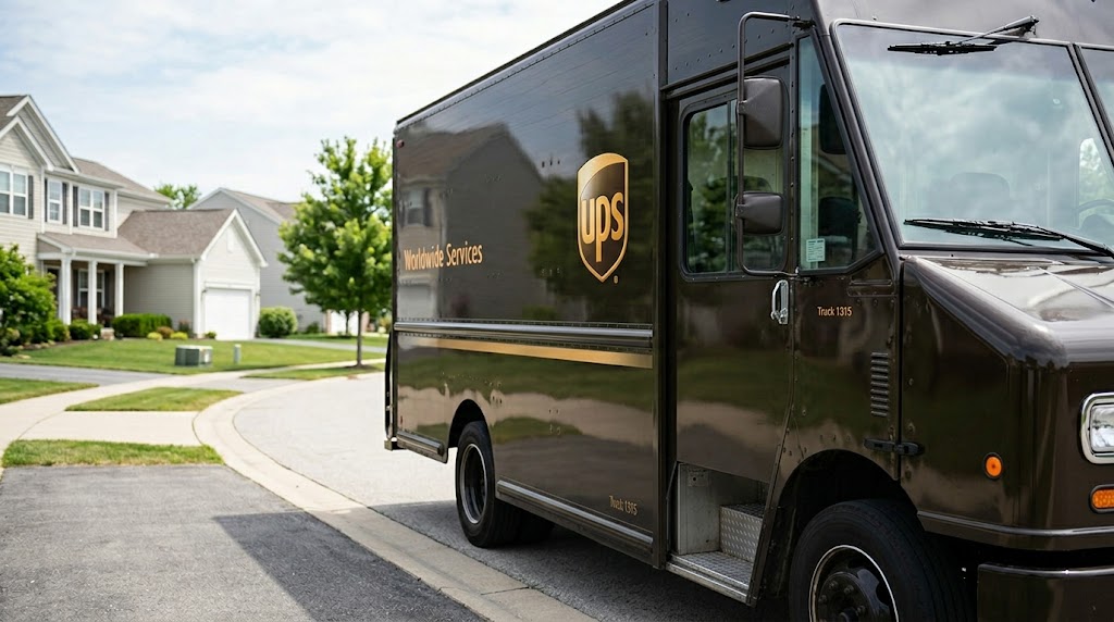 A UPS delivery truck marked "Worldwide Services" parked on a residential street.