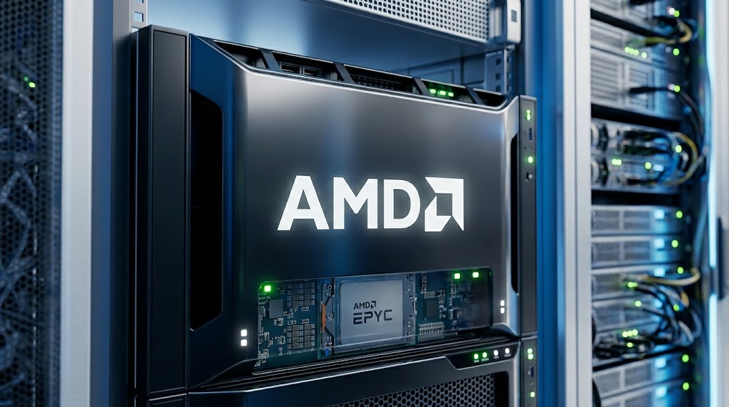 An AMD EPYC server processor mounted in a data center rack displaying the AMD logo.