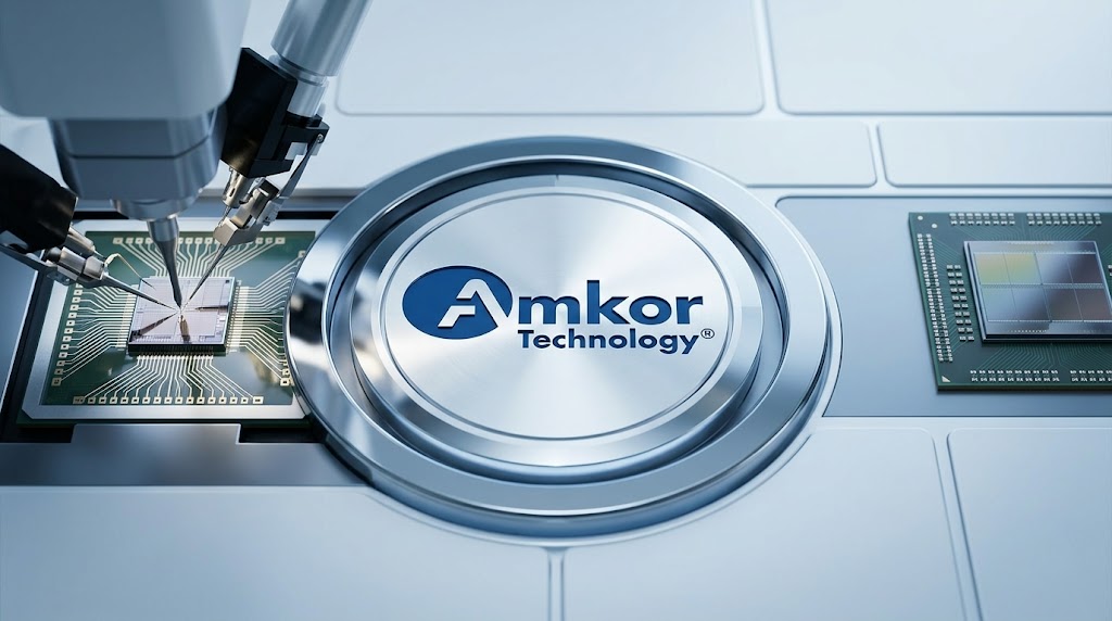 Amkor Technology logo displayed alongside semiconductor chips and robotic assembly equipment.