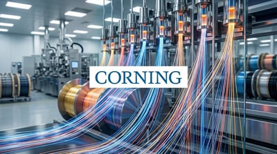 Corning logo overlaid on an industrial facility manufacturing fiber optic cables on spools.