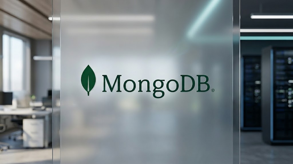 MongoDB logo displayed on a frosted glass wall in a modern office setting with server racks visible.