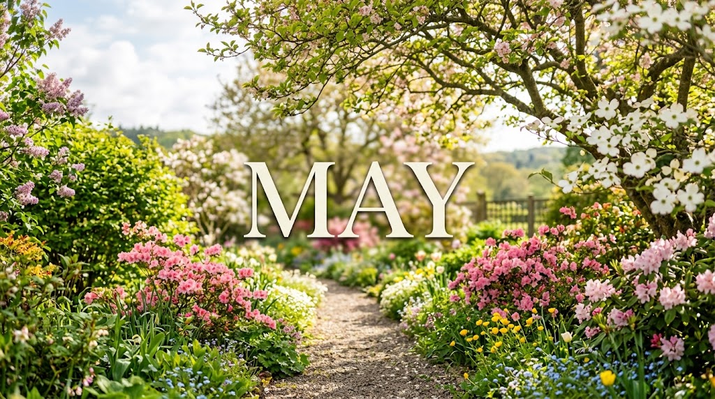 A garden path lined with spring flowers and blooming trees overlaid with the word May.