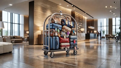 A hotel luggage cart loaded with colorful tagged luggage sits in a modern hotel lobby, reflecting an increase in travel demand.