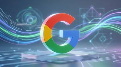A three-dimensional Google logo rendered against a blue background with glowing digital wave elements.