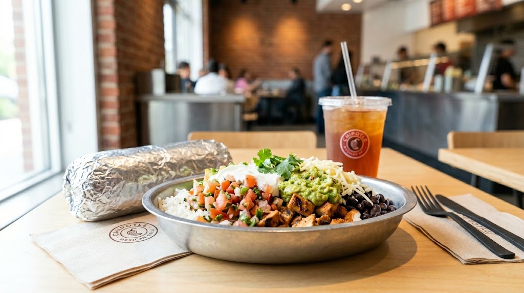 A Chipotle Mexican Grill burrito bowl, foil-wrapped burrito, and branded drink cup on a restaurant table.