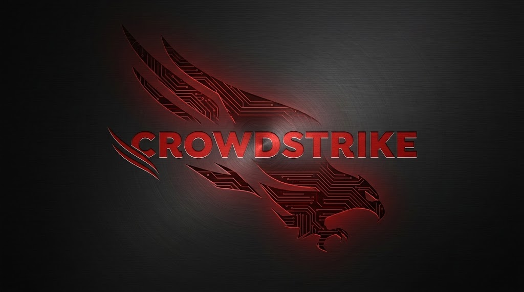 CrowdStrike logo featuring a red falcon graphic with circuit board details on a dark metallic background.