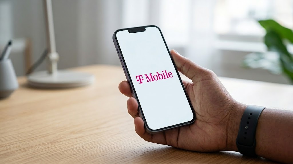 A hand holds a smartphone displaying the T-Mobile logo on a white screen.
