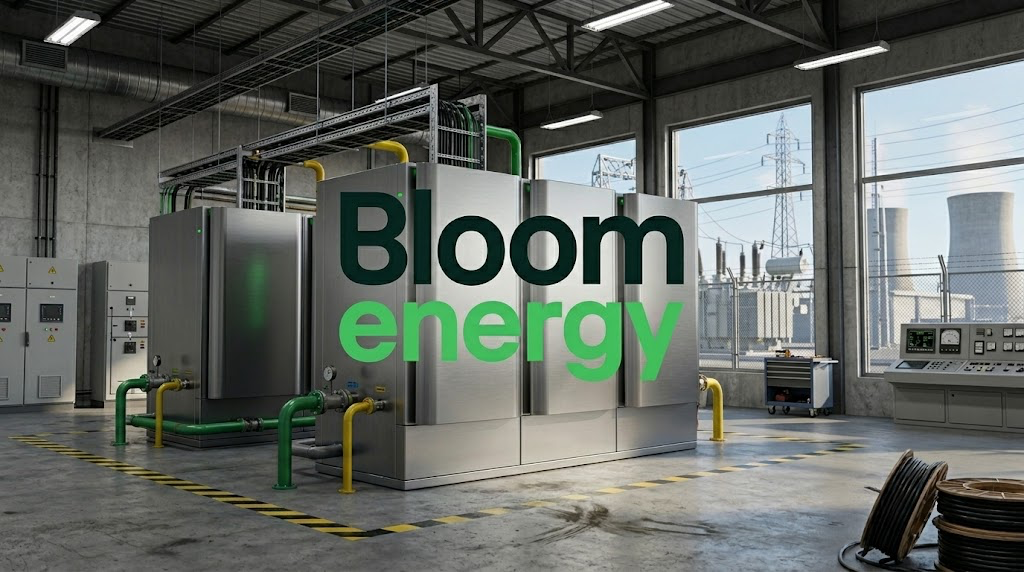 Bloom Energy logo overlaid on an industrial facility housing large fuel cell power units.