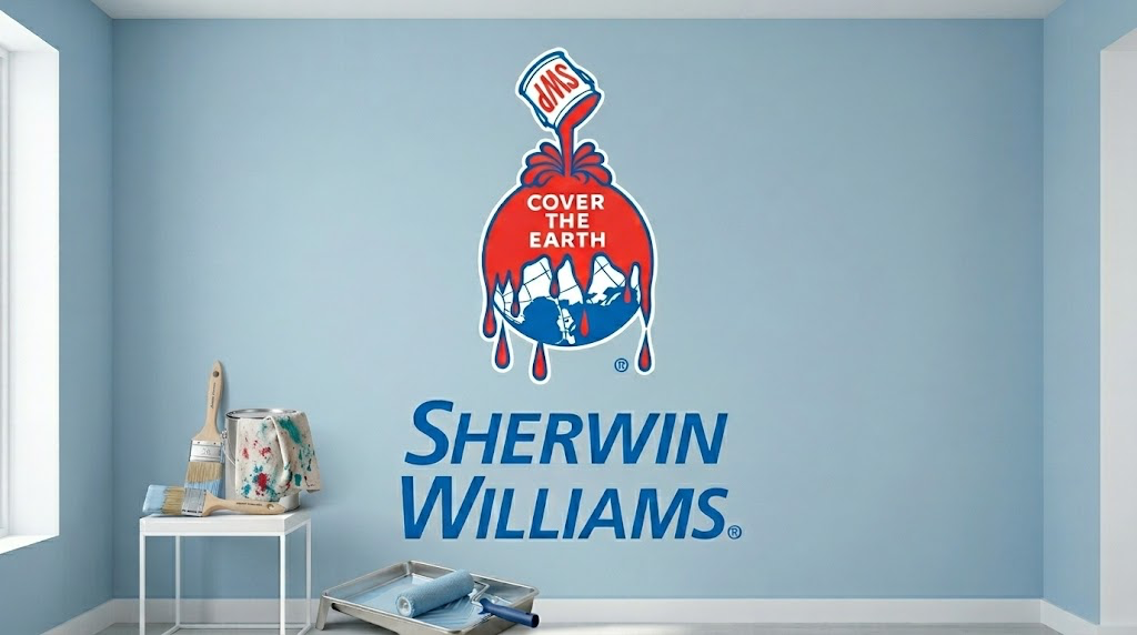 Sherwin-Williams logo displayed on a light blue wall alongside paint brushes and a roller tray.