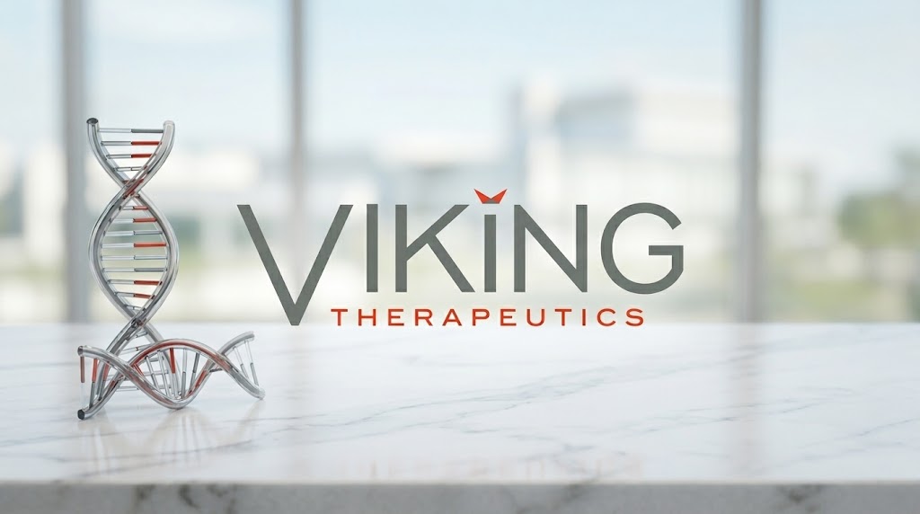 Viking Therapeutics logo displayed alongside a decorative DNA double helix model on a marble surface.