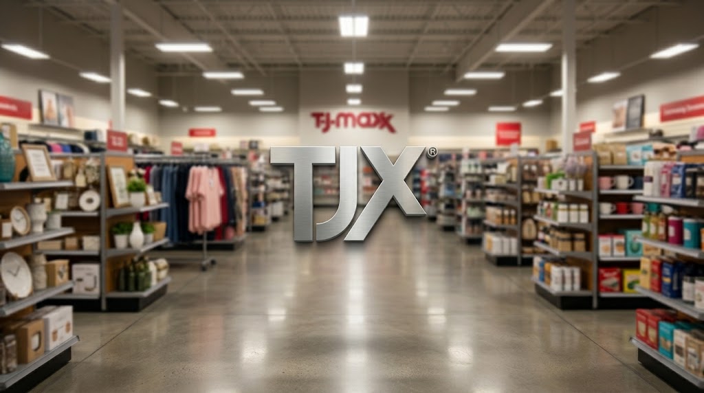 TJX Companies logo overlaid on the interior of a T.J. Maxx retail store with merchandise shelves.
