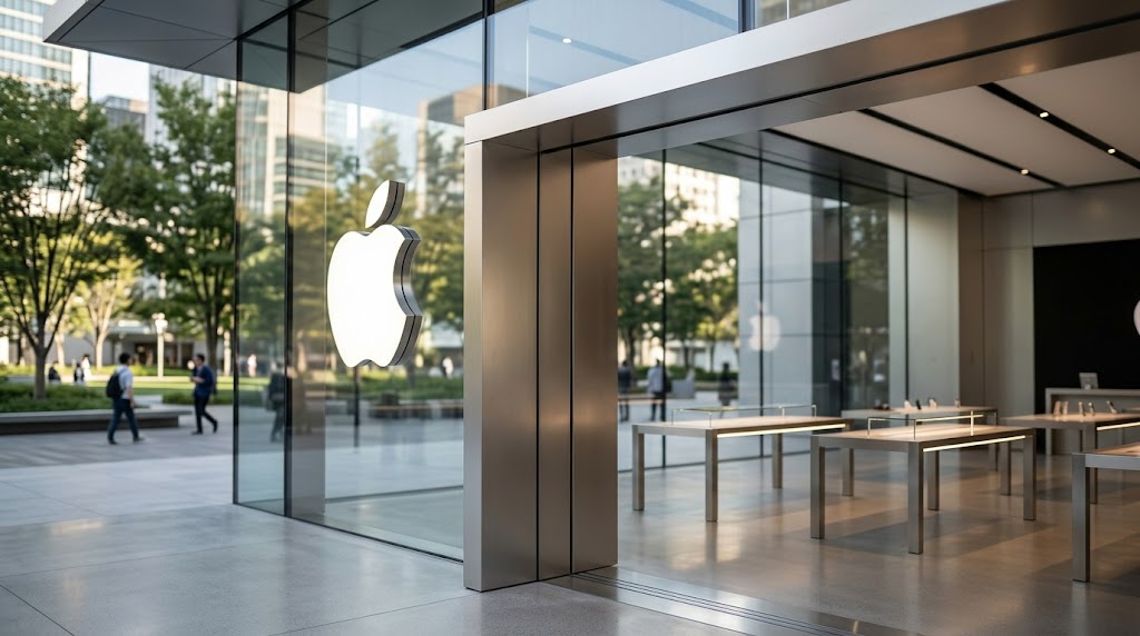 Exterior of an Apple retail store featuring the company logo on a glass facade.