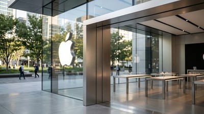 Exterior of an Apple retail store featuring the company logo on a glass facade.