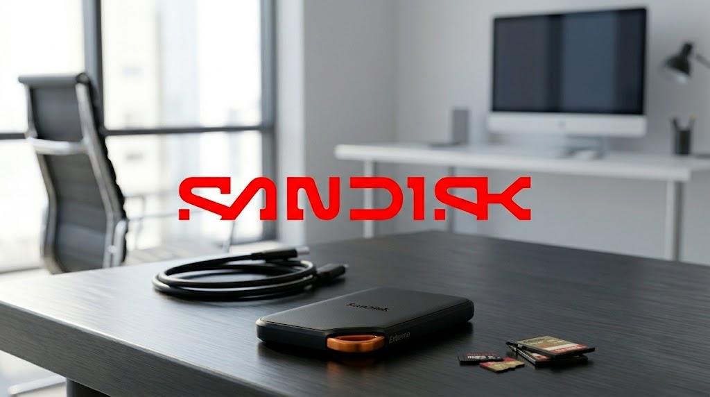 SanDisk logo displayed above a SanDisk Extreme portable SSD, cable, and memory cards on a desk.