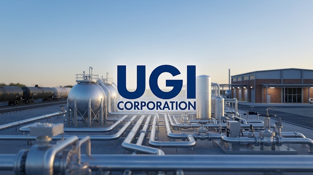 UGI Corporation logo overlaid on an industrial gas storage and pipeline facility.