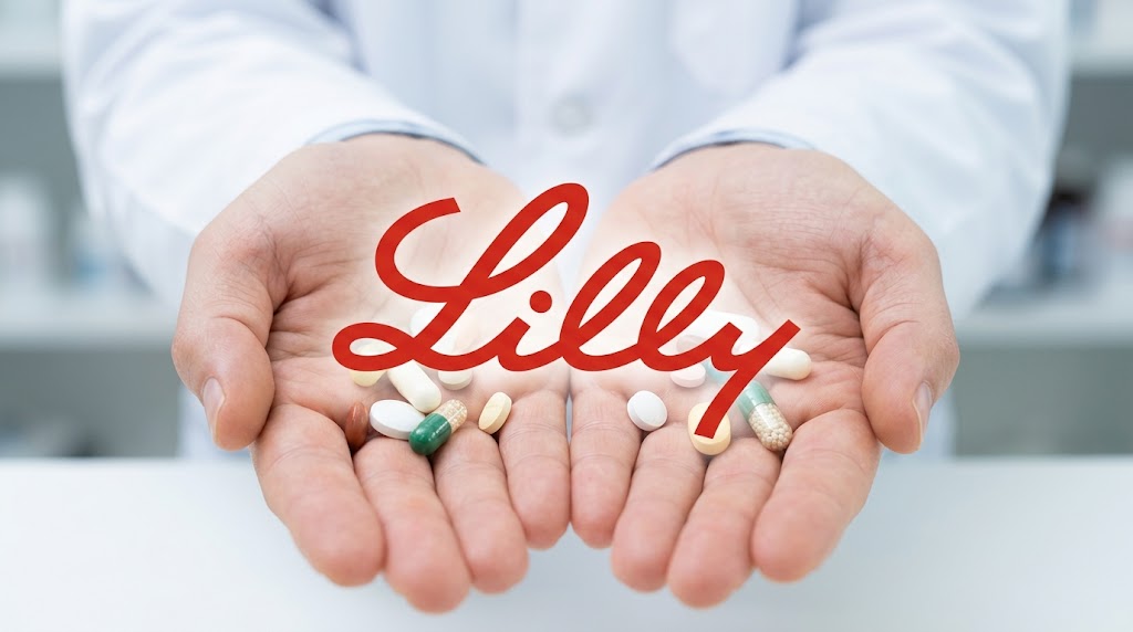 Eli Lilly logo overlaid on a person in a white coat holding assorted pills and capsules.