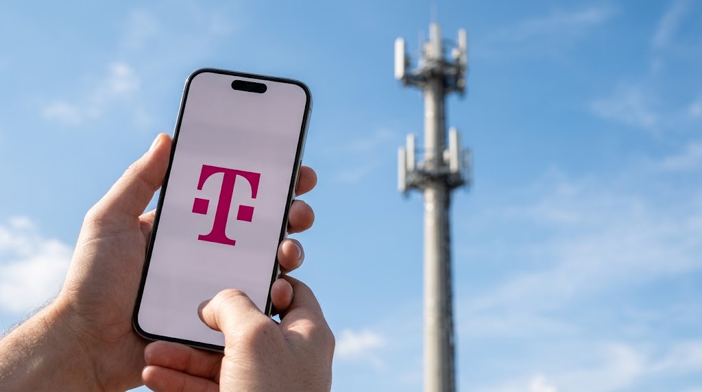 A hand holds a smartphone displaying the T-Mobile logo in front of a cell tower.