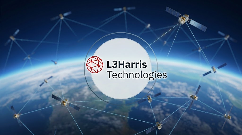 L3Harris Technologies logo overlaid on a rendered satellite network orbiting Earth.