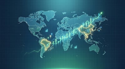 Digital world map overlaid with glowing green financial charts and upward-trending arrows highlighting global markets.