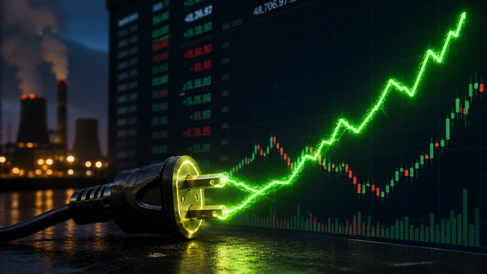 Glowing stock chart powered by electricity, symbolizing AI-driven energy demand boosting energy stocks.
